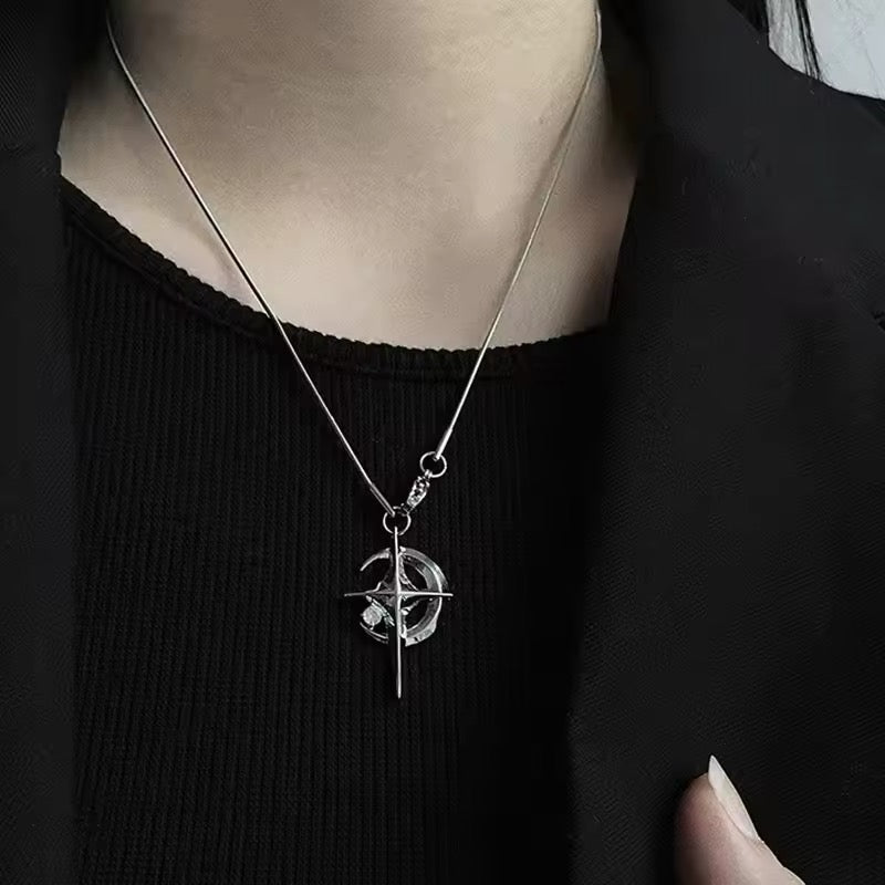 Moon Cross Surgical Steel Necklace